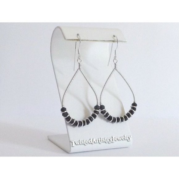 Twisted Artistry Jewelry Jewelry - Black Crystals and Silver Wire Wrapped Teardrop Hoop Earrings Handmade